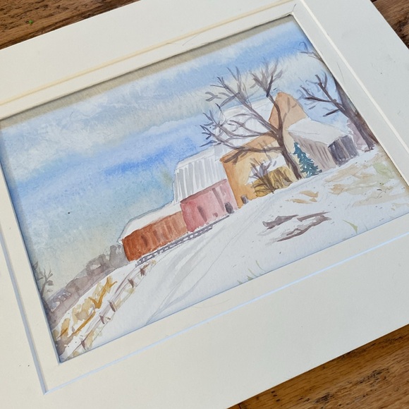 Original watercolour painting, winter farm scene, white mat included - Picture 2 of 3